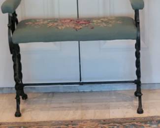 Needlepointe and Cast Iron Bench