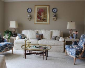 Living Room with Baker Sofa, Lamps, Vases, French Side Chairs, Coffee Table