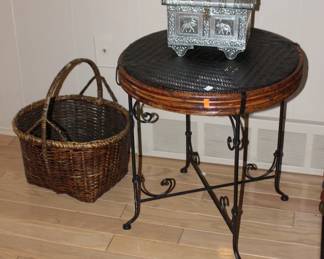 Rattan Table with Metal Legs, Basket Silver Box with Elephants
