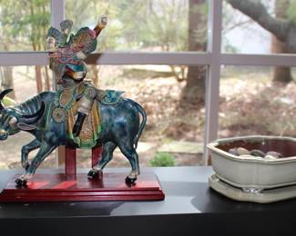 Asian Man Bull Figurine and Potter with Stones