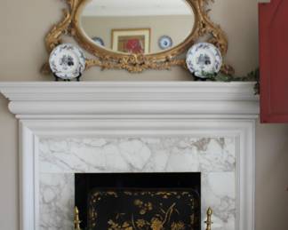 Ornate Mirror, Tray, Plates, by Fireplace