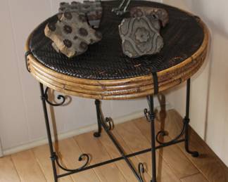 Wicker Metal Accent Table, Metal Birld  Stone Tiles