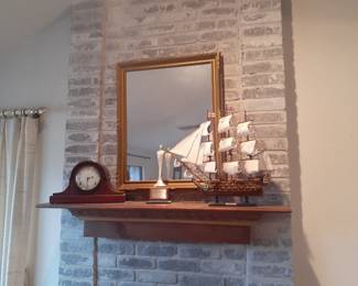Mantle Clock, Wall Mirror and Sailing Ship Model Display