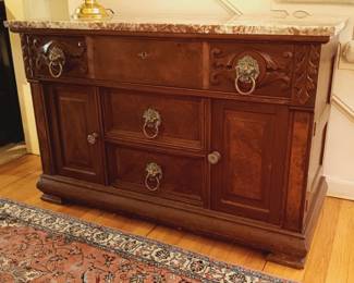 Handsome burl wood low chest with marble top...