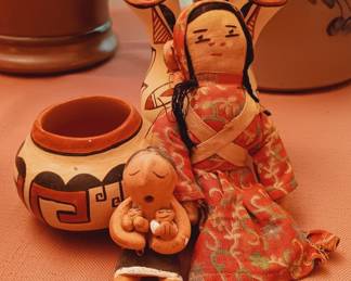 Vintage Jemez Pueblo pottery, seated 2 baby story teller and rag doll with baby...