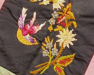 Jaw-dropping turn-of-the-century  quilt in satin, silk and silk velvet with embroidered center panel and handmade tatting in dogwood pattern (detail)...