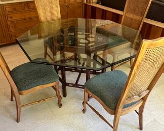 Drexel octagonal table with 4 rattan back chairs