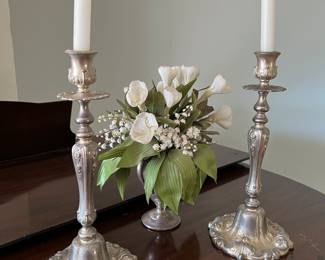 Silver plate candlesticks and vase
