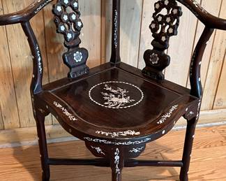 Vintage Asian rosewood corner chair with mother of pearl inlay