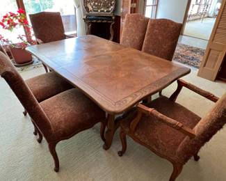 Solid wood dining table with 6 Hickory Chairs (need reupholstering)