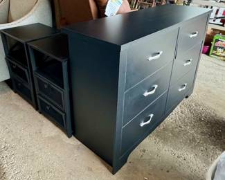 Black 6-Drawer Dresser with a Pair of Night Stands