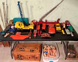 Vintage Toy Cars & Trucks;  Vintage Wooden Toy Box;  Dolls