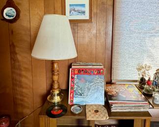Mid Century Cabinet, Table Lamp, and Vinyl Records