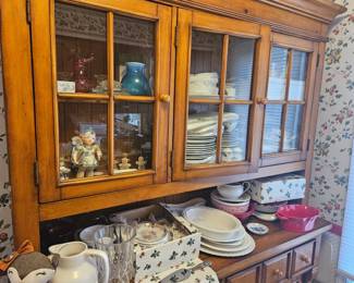 China cabinet, solid oak, filled with antiques from Austria, England, Holland, Japan, America 