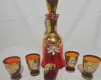 Red Bohemian Vintage Hand Painted Glass Decanter Set