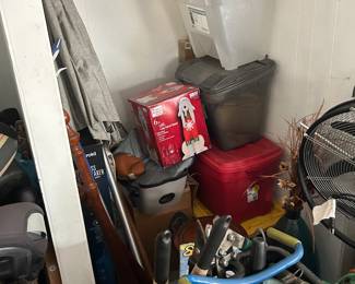 Lawn tools, umbrella, holiday decor