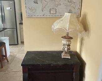 Marble topped end table, lamp,art