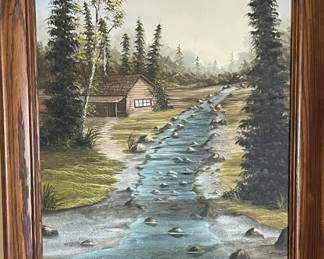 Framed Cabin by Stream Oil on Canvas