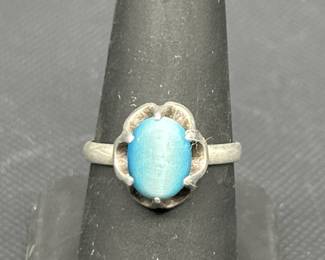 925 Silver Ring w/ Blue Glass,  Size 8.25,