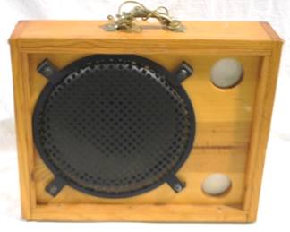 7615 - Stereo Speaker Mounted on Wood Case 19 x 16 x 11.5 You are buying a used as-is electric/electronic item. We do not guarantee all components are present and if it's not expressly stated, it is untested.
