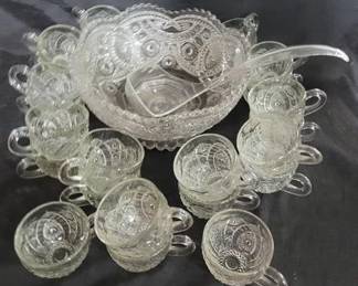 341 - Pressed glass vintage punch set 24 cups, 11" round bowl, plastic ladle
