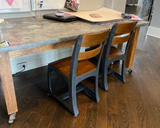 Childs Drafting Table with Metal top on Casters and 4 chairs $300