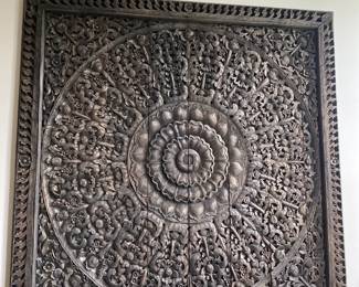 Hand-made, Reclaimed Teak, Carved Lotus Framed Artwork. Purchased from the Golden Triangle/Chicago.  92" W x 3" D x 94" H $2800