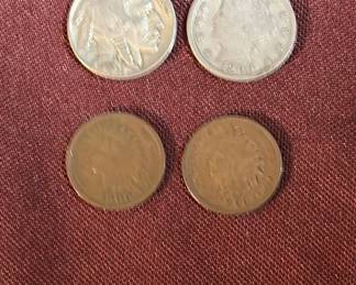 Two Indian Head Pennies, A Buffalo Nickel, And a V Nickel 