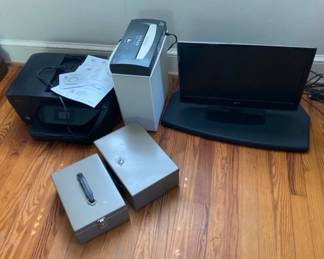 HP printer, Sentinel Paper Shredder, LG 21 TV, And Lock Boxes 