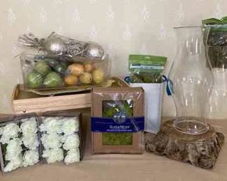 Display Decor  Trays, Fake Fruit, Vase Filler moss, Wood Candle Holder, And Glass Hurricane Shades