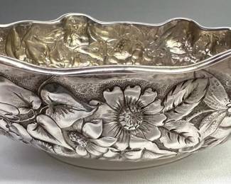 One of two stunning large Repoussé sterling serving bowls