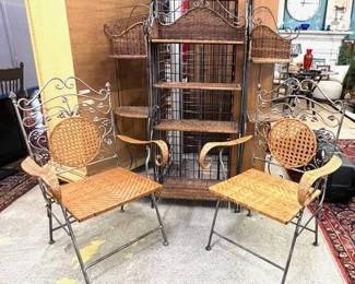 Wrought iron and woven chairs, etegere 