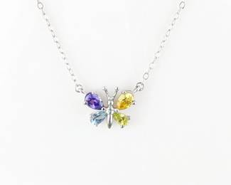 Sterling Silver with Amethyst, Peridot, Blue Topaz & Citrine Butterfly Necklace
