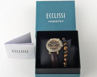 Ecclissi Facets Tiger's Eye Leather Band Watch with Tiger's Eye Stretch Bracelet - New in Box