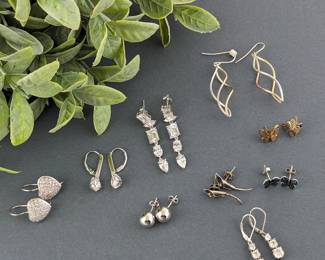 Nine Pairs of Sterling Silver Earrings Including Blue Irradiated Diamond Butterfly Earrings