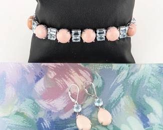 Sterling Silver Pink Opal & Blue Topaz Bracelet & Earrings