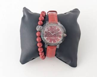 Ecclissi Facets Jasper Leather Band Watch with Jasper Stretch Bracelet - New