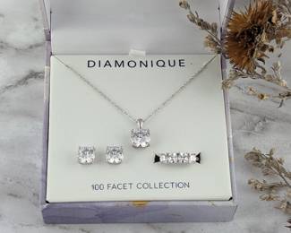 Diamonique 100 Facet Collection Gift Set Sterling Silver & CZ Necklace, Earrings & Ring - New in Box