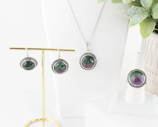 Sterling Silver & Ruby Zoisite Necklace, Ring & Earrings Set - New