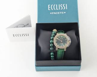 Ecclissi Facets Malachite Leather Band Watch with Malachite Stretch Bracelet - New in Box