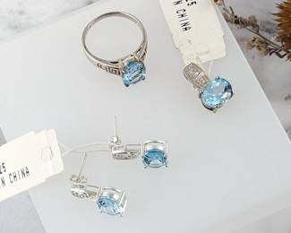 Sterling Silver & Blue Topaz Ring, Pendant & Earring Set