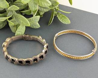 Sterling Silver Marcasite & Onyx Bracelet & Two-Tone Hinged Bracelet