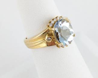 14K Yellow Gold, Aqua & Diamond Ring