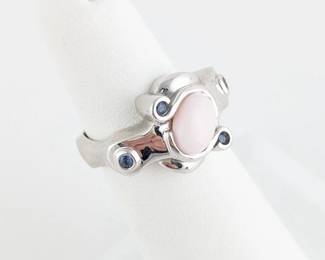  14K White Gold Pink Coral & Sapphire Ring