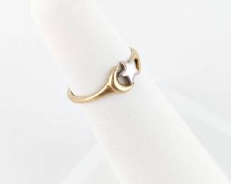 10K Yellow Gold Moon Ring with White Gold Star Accent
