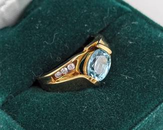 14K Yellow Gold Blue Topaz & Diamond Ring