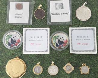 Lot of 7 Collector Coin Pendants & 2 Commemorative Chinese Panda Silver Coins