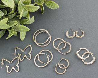 Seven Pairs of Sterling Silver & CZ Hoop Earrings