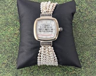 Ecclissi Sterling Silver Beaded Stretch Bracelet Watch with Mother of Pearl Dial & White Topaz Accents