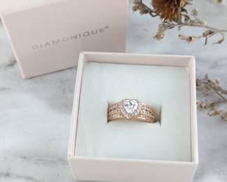 Diamonique Heart Rose Tone Plated Sterling & Simulated Diamond Engagement Ring - New in Box